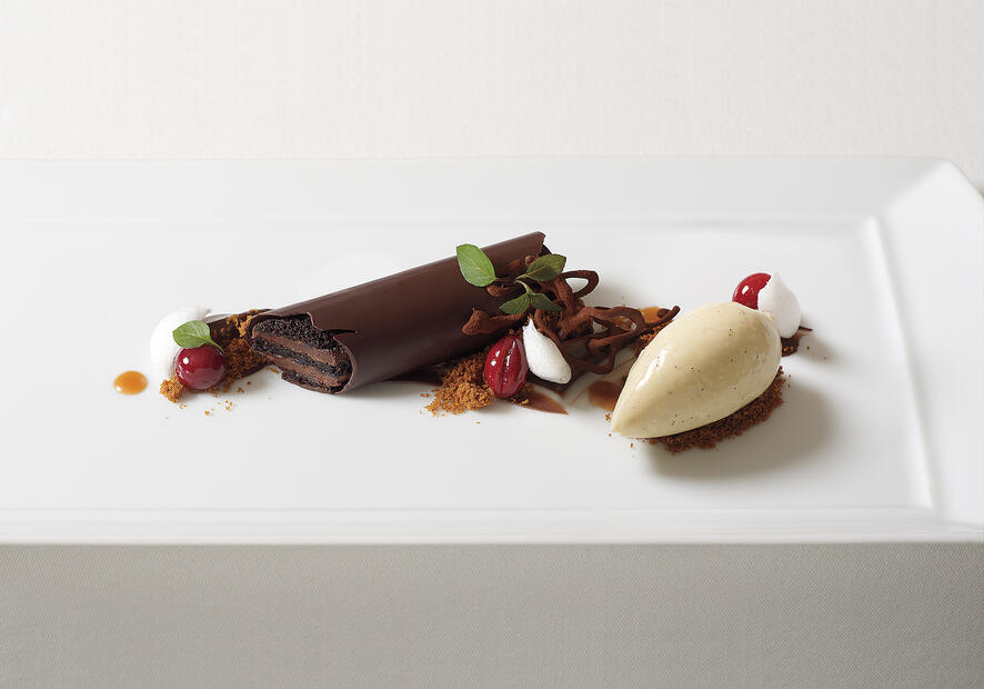 Artisan chocolate tart with ice cream — a signature French Laundry dessert